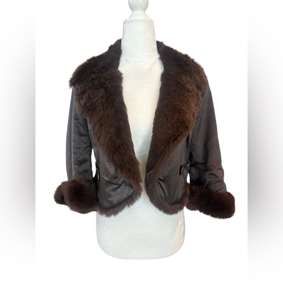 Revolve June Rabbit Fur Reversible Cropped Jacket in Brown - Picture 3 of 13